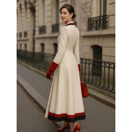 Fashion Trendy Color Blocked French Style Metal Double-Breasted Longline Peacoat