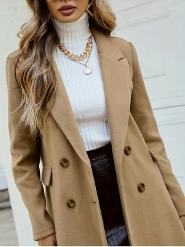 Women'S Chic Tweed Coat with Large Buttons - Long Winter Coat, Button-Up Front, Flap Pockets, and Belted Waist, Perfect for Fall and Winter, Winter Outerwear | Belted Waist Coat | Structured Design