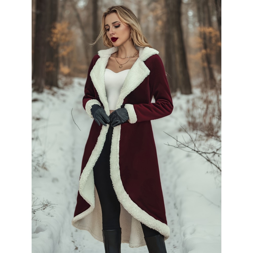 Women'S Y2K Retro Double-Breasted Faux Fur Coat - Burgundy & White, Asymmetrical Hem, Loose Fit, Long Sleeve, Winter Outerwear for Fall/Winter, Winter Coat