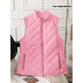 Women's Sleeveless Vest with Zipper Closure - Vibrant Pink Winter Warmth, Stand Collar & Pocket Design, Casual Elegant Solid Color Non-Stretch Fabric for Fall Winter Outdoor Beach Outings, Machine Washable Layering Piece (No Belt, Standard Length)