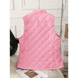 Women's Sleeveless Vest with Zipper Closure - Vibrant Pink Winter Warmth, Stand Collar & Pocket Design, Casual Elegant Solid Color Non-Stretch Fabric for Fall Winter Outdoor Beach Outings, Machine Washable Layering Piece (No Belt, Standard Length)