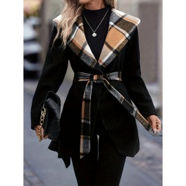 Women'S Elegant Mid-Length Winter Coat with High Neck and Plaid Patchwork Design - Warm, Lightweight, and Stylish for Office or Holiday Season, Warm Weather Jacket | Plaid Pattern Coat | Structured Coat