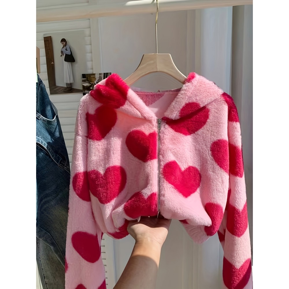 Women's Pink Heart Pattern Plush Hooded Jacket - Cozy Winter Zipper Front Casual Outerwear, Machine Washable Regular Fit Sleeve for Autumn & Winter