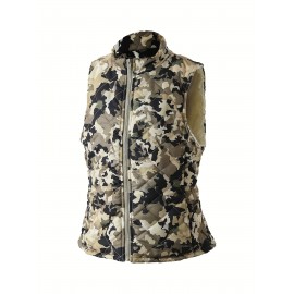 Women'S Lightweight Quilted Zip-Up Vest - Sleeveless, Stand Collar, Camouflage Print, Casual Style, Non-Stretch Fabric, Perfect for Fall/Winter, Casual Wear Vest|Quilted Vest|Zippered Vest
