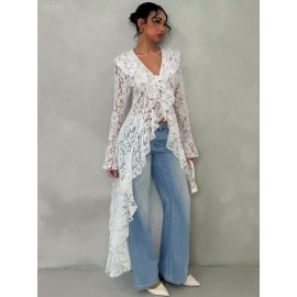 Spring-Summer Romantic Vacation Elegant Sheer Lace Trim Women's Long Thin Coat, Lightweight Coverup, Spring Fashion, Sheer Design, Delicate Detailing, Lace Overlay, Fine Stitching, Stylish Outerwear, Thin Jacket, Trendy Ladies, Summer Wardrobe