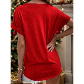 [Festive Christmas Tree Print Tee ] Women'S Christmas Tree Print T-Shirt, Polyester Blend, V-Neck, Short Sleeve, Knit Fabric, Casual Pullover with Slight Stretch, for Festive Holiday Top