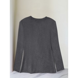 Women's Casual Long Sleeve T-Shirt with Fox & Maple Leaf Geometric Print - Vibrant Orange & Red on Grey, Round Neck, Machine Washable, Spring/Summer Vacation & Casual Attire, Versatile Streetwear, Spring Summer Apparel, Comfortable Fabric