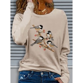 Women's Black Long Sleeve Crew Neck T-Shirt with White & Grey Titmouse Bird & Red Berry Graphic Print - Soft Casual Fall Winter Top, Machine Washable Everyday Comfortable Shirt for Nature-Inspired Outfits