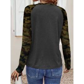 [Everyday Comfort] Women'S Camo Long Sleeve T-Shirt - Casual Crew Neck, Stretchy Fabric, Regular Fit with Asymmetrical Hem, Perfect for Spring & Fall, Ladies T Shirts