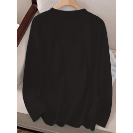 Women's Casual Long Sleeve Crew Neck T-Shirt - Fox & Autumn Leaves Graphic Print, Black with Orange Design, Medium Stretch, Machine Washable, All-Season Comfort Top, Naturethemed Apparel, Nontransparent Fabric