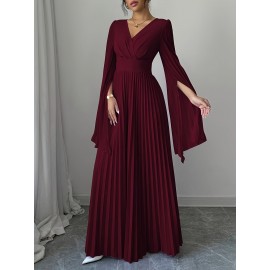 Elegant Long Sleeve V-Neck Pleated Maxi Dress with Side Slit - Maroon, Cinched Waist, Flowing Design for Women, Perfect for Spring & Fall, Cute Dress