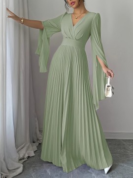 Women's Elegant Long-Sleeve V-Neck Pleated Maxi Dress with Slit for Spring/Summer