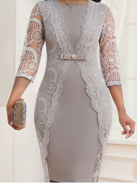Elegant Dark Gray Lace-Trimmed Midi Dress with 3/4 Sleeves and V-Neck - Slim Fit, Flared Skirt, Zipper Detail, Perfect for All Seasons, Formal Attire|Sleek Fitted Top|Zippered Dress
