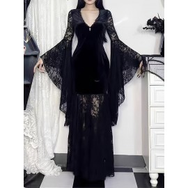 Women's Gothic Dark Halloween Long Dress with Contrast Lace and Velvet Patchwork, Sexy Niche Flared Sleeve Unique Design