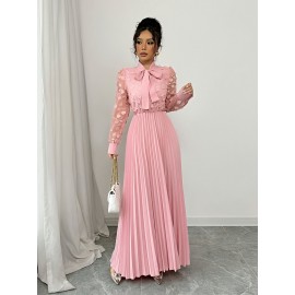 Elegant Women'S 3D Floral Mesh Dress with Bow Tie Neckline - Romantic Pink Pleated A-Line Long Sleeve Dress for Formal & Casual Occasions, Machine Washable Non-Stretch Wedding Attire, Dresses for Wedding, Formal Event Attire, Nonstretch Fabric