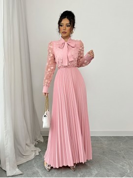 Elegant Women'S 3D Floral Mesh Dress with Bow Tie Neckline - Romantic Pink Pleated A-Line Long Sleeve Dress for Formal & Casual Occasions, Machine Washable Non-Stretch Wedding Attire, Dresses for Wedding, Formal Event Attire, Nonstretch Fabric