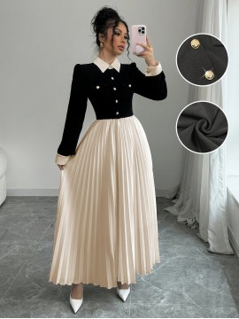 [Elegant Dress for Women] Golden Button Elegant Dress for Women with Contrasting Colors, Cinched Waist, Pleated Design and Long Sleeves, Perfect for Parties, Weddings, Music Festivals and Dates
