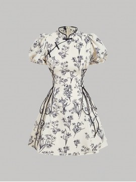 Elegant Black & White Floral Chinese-Style Short Dress with Puffed Sleeves - Waist-Cinching, Stand Collar, Perfect for Spring/Summer, Adult Women'S Fashion, Floral Dress | Stand Collar Dress | Puffed Sleeve Dress