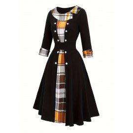 Patchwork Checkered Faux Two-Piece Vintage Dress