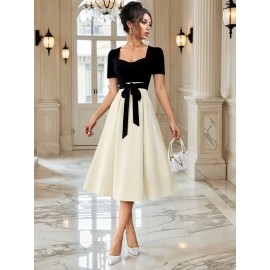 Elegant Square Neck Puff Sleeve Dress with Front Bow Detail - Black & White Color Block, A-Line Silhouette, Lightweight Summer Dress for Women, Cute Dress