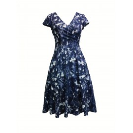 [Navy Blue Floral Dress] Polyester Blend Women's Navy Blue Floral Print V-Neck Midi Dress with Short Sleeves and Pockets | Casual Dress, Floral Print Dress, Perfect for Spring, Summer, and Fall