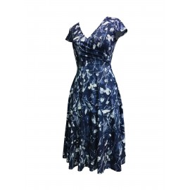 [Navy Blue Floral Dress] Polyester Blend Women's Navy Blue Floral Print V-Neck Midi Dress with Short Sleeves and Pockets | Casual Dress, Floral Print Dress, Perfect for Spring, Summer, and Fall