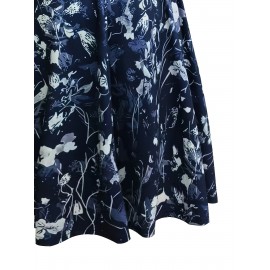 [Navy Blue Floral Dress] Polyester Blend Women's Navy Blue Floral Print V-Neck Midi Dress with Short Sleeves and Pockets | Casual Dress, Floral Print Dress, Perfect for Spring, Summer, and Fall