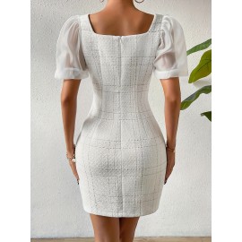 Women'S Elegant White Button-Front dress - Flared hem, Structured office to party Formal Attire, All-Season Chic Outfit for Weddings, Business Meetings & Evening Events, Wedding Guest Attire, Textured Fabric Gown