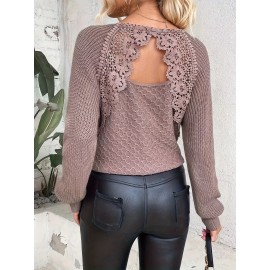 Women'S Elegant V-Neck Long Sleeve Sweater - Backless Design with Lace-like Back Panel, Soft Brown Round Neck Pullover for Spring/Fall, Casual & Formal Outfits
