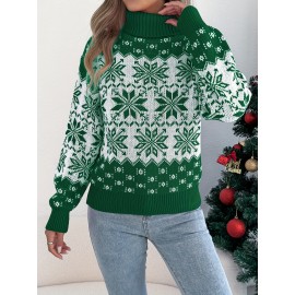 1pc Acrylic Elegant High Neck Long Sleeve Christmas Sweater for Women - Color Block Knit Fabric with Snowflake Pattern, Fall/Winter Season Pullover