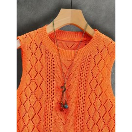 Women's Sleeveless Geometric Cut-Out Vest - Bright Orange Elegant Casual H-Line Regular Fit, All-Season Versatile Layering Piece for Casual Attire, Openwork Pattern, Lightweight Fashion, Summer Wardrobe, Delicate Detailing, Stylish Women