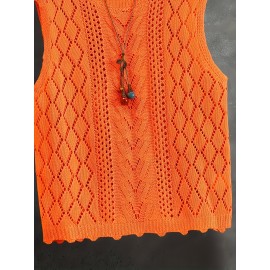 Women's Sleeveless Geometric Cut-Out Vest - Bright Orange Elegant Casual H-Line Regular Fit, All-Season Versatile Layering Piece for Casual Attire, Openwork Pattern, Lightweight Fashion, Summer Wardrobe, Delicate Detailing, Stylish Women