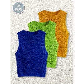 [3pc Summer Women's Set] TD7866-1T Women's Summer Three-Piece Set | Fashionable Lightweight Hollow Knit Pullover & Beach Vacation Tank Top