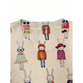 [All-Over Print] [Thin] [Sweater] All-Over Print Rabbit Woman Pattern Thin, Casual Crew Neck Short Sleeve Sweater, Women's Clothing Mother's Day Gift