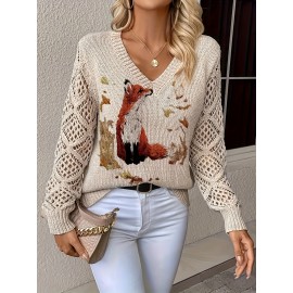 [Elegant Bohemian Top] Bohemian Elegant V-Neck Long Sleeve Top for Women | Animal Print, All-Season Versatile Pullover Sweater - Ideal for Office, Streetwear, Home, and Travel