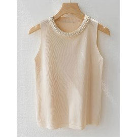 Women'S Elegant Beaded Sleeveless Vest - Solid Color Crew Neck Pullover for Spring/Summer/Fall, Chic Layering Piece with Pearl Embellishments