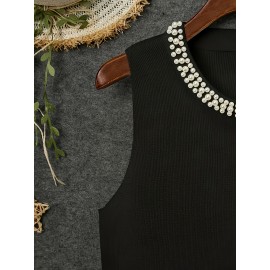 Women'S Elegant Beaded Sleeveless Vest - Solid Color Crew Neck Pullover for Spring/Summer/Fall, Chic Layering Piece with Pearl Embellishments