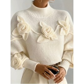 Elegant High-Neck Sweater with 3D Floral Embellishments – Soft, Plush, and Comfortable Fit, Perfect for Fall/Winter, Ideal for Creating a Serene Atmosphere, Casual Wear | Elegant Highneck | Construction, Sweater Dress