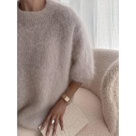 Women'S Autumn and Winter Round Neck Half-Sleeve Pullover Sweater, Soft Comfortable Fuzzy Loose Thick Top