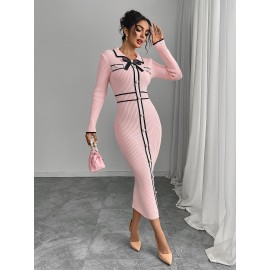 Women'S Elegant Dress - Soft Pink Formal & Casual Outfit with Button Front, Flattering Fit for Office, Parties, Tea Dates - Chic Women'S Clothing, Office Attire, Sophisticated Design, Premium Quality, Bow Detail, Fashion Lovers