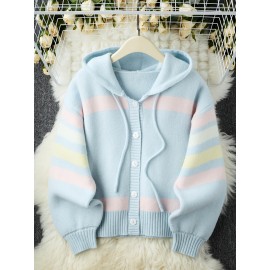 [Cute Sweater] Cozy White Hooded Cardigan Sweater | Women's Casual Pullover with Pastel Rainbow Stripes, Button Front Placket & Pom-Pom Detail, Medium Elasticity, Relaxed Fit, Comfortable Texture, Stylish, Fall Winter Layering Piece