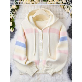 [Cute Sweater] Cozy White Hooded Cardigan Sweater | Women's Casual Pullover with Pastel Rainbow Stripes, Button Front Placket & Pom-Pom Detail, Medium Elasticity, Relaxed Fit, Comfortable Texture, Stylish, Fall Winter Layering Piece