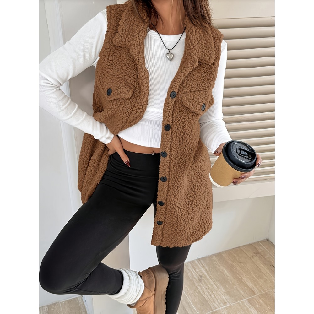 Women'S Elegant Sleeveless Flat Collar Button Front Jacket with Faux Pockets - Cozy Brown Plaid Pattern, Long Length, Perfect for Fall/Winter Casual Wear, Winter Clothes