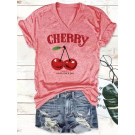 [Cherry Print T-Shirt] Women's Casual Summer V-Neck T-Shirt with Red Cherry Print and Happy Ankle-Day Applique Detail, Short Sleeve Graphic Tee
