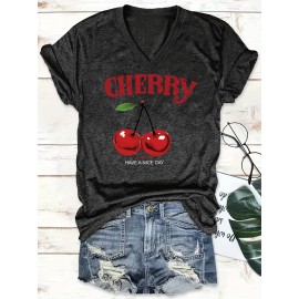 [Cherry Print T-Shirt] Women's Casual Summer V-Neck T-Shirt with Red Cherry Print and Happy Ankle-Day Applique Detail, Short Sleeve Graphic Tee