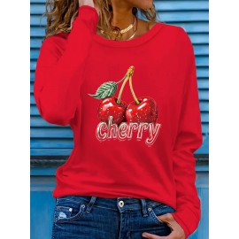 Women'S Cherry Graphic Long Sleeve T-Shirt - Vibrant Red Cherry Print, Casual Crew Neck, Machine Washable, Spring/Summer Vacation Top, Cherry Tshirt