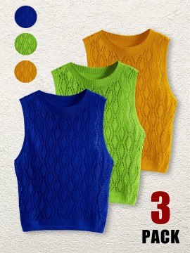 [3pc Summer Women's Set] TD7866-1T Women's Summer Three-Piece Set | Fashionable Lightweight Hollow Knit Pullover & Beach Vacation Tank Top